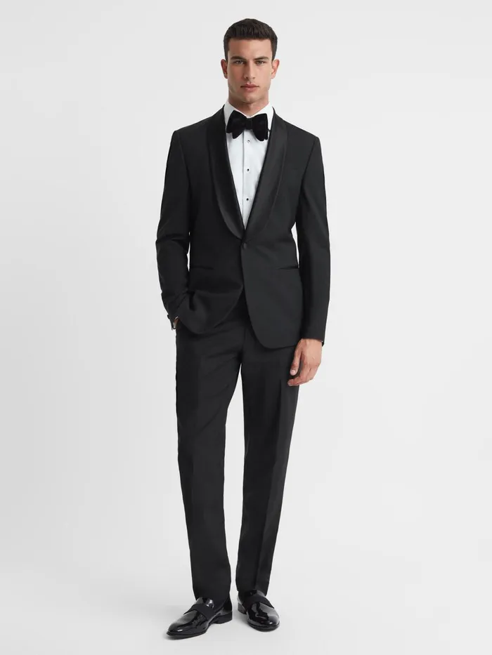 Men Reiss Suits and Tailoring Poker Modern Fit Single Breasted Tuxedo Jacket Black