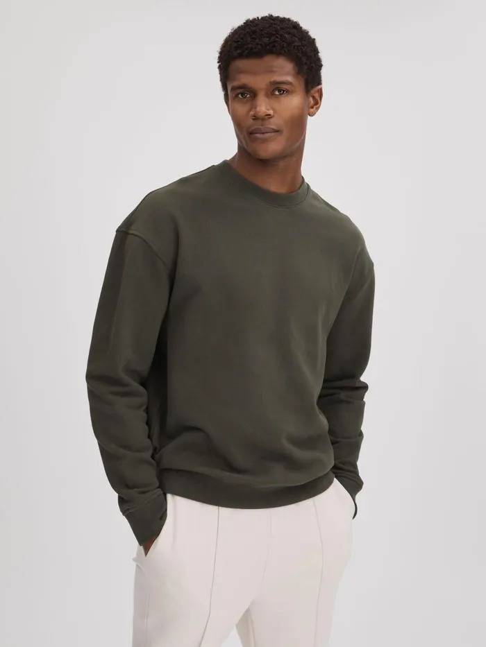 Men Reiss Sweats Hoodies and Joggers Alistar Cotton Crew Neck Sweatshirt Khaki
