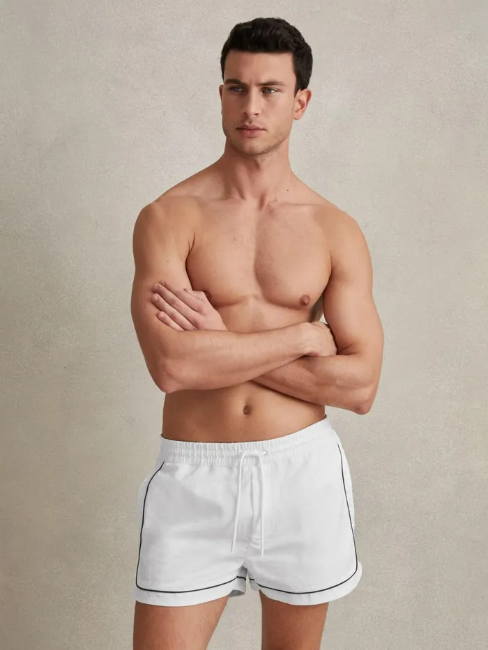 Men Reiss Swimwear Azure Piped Drawstring Swim Shorts White