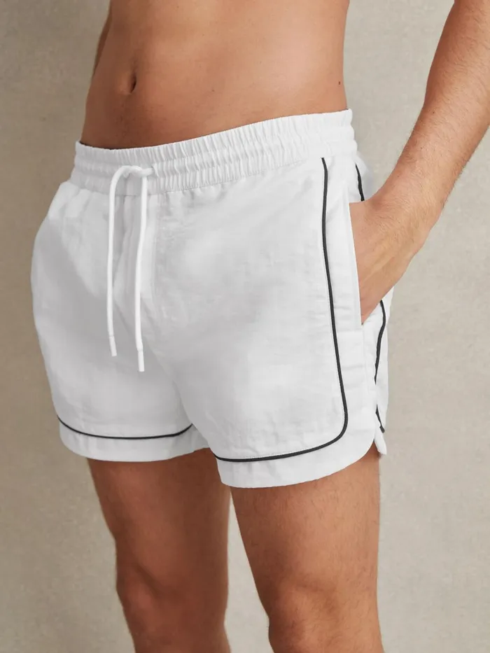 Men Reiss Swimwear Azure Piped Drawstring Swim Shorts White