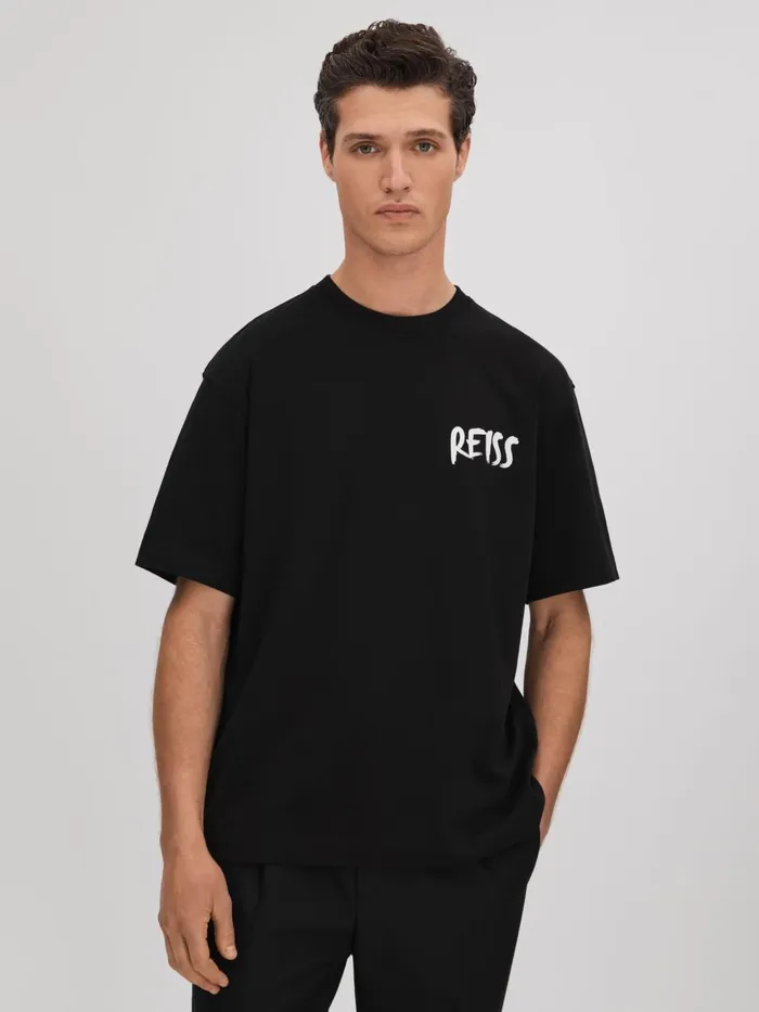 Men Reiss TShirts Abbott Cotton Motif TShirt Blackwhite