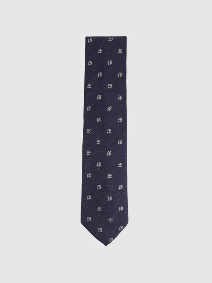 Men Reiss Ties and Pocket Squares Francesco Silk Blend Textured Floral Print Tie Navy