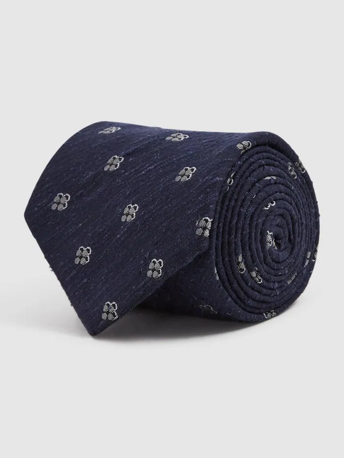 Men Reiss Ties and Pocket Squares Francesco Silk Blend Textured Floral Print Tie Navy
