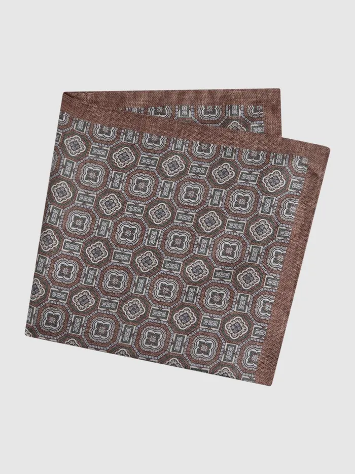 Men Reiss Ties and Pocket Squares Rocco Silk Medallion Print Pocket Square Tobacco
