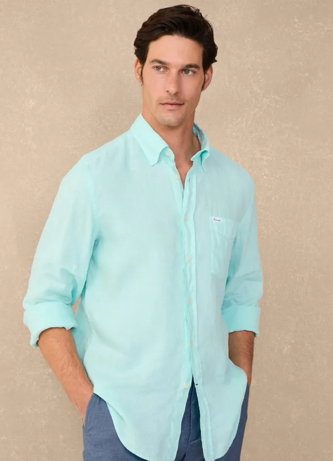 Men Shirts Faonnable Regular Fit Linen Shirt Dark Acqua Blue