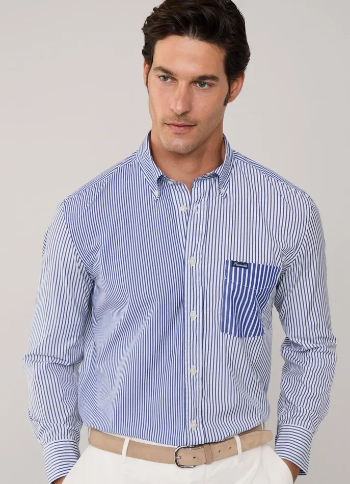 Men Shirts Faonnable Regular Fit Striped Poplin Shirt Naval Blue