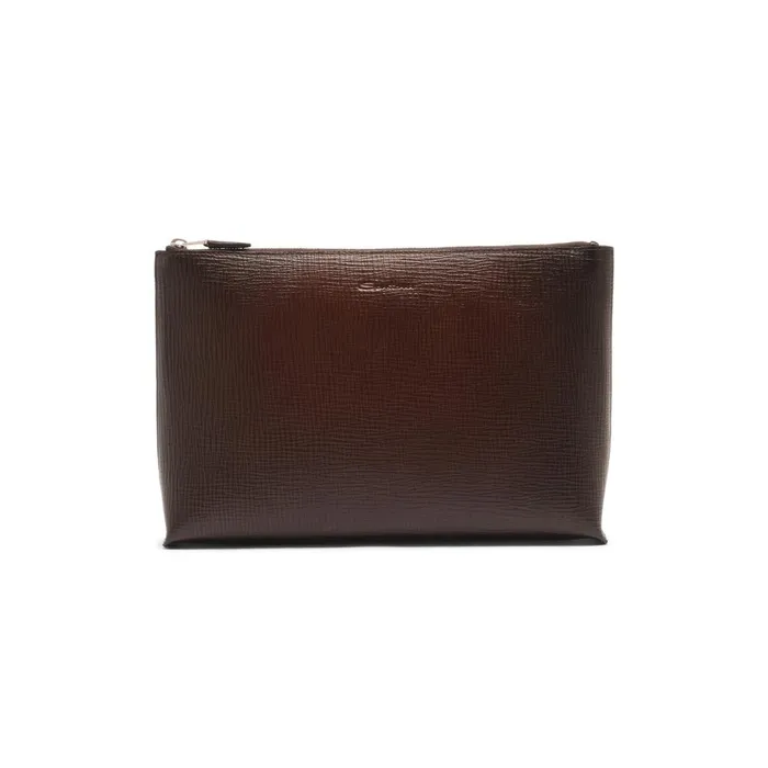 MenWomen Dark Brown Embossed Leather Pouch Santoni Small Leather Goods