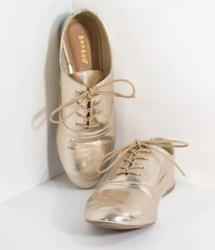 Metallic Gold Classic Lace Up Flats Shoes Unique Vintage Flats