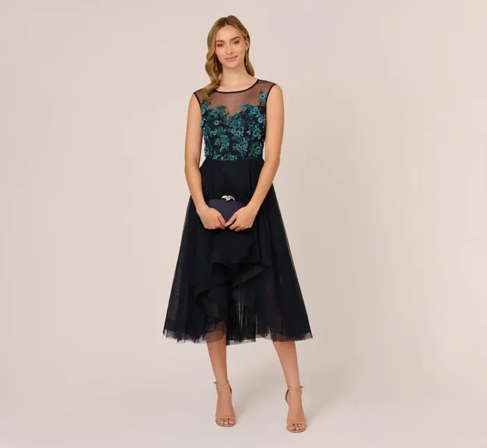 Midi Dresses Womens Adrianna Papell Beaded Midi Dress With Tulle Skirt In Midnight Multi