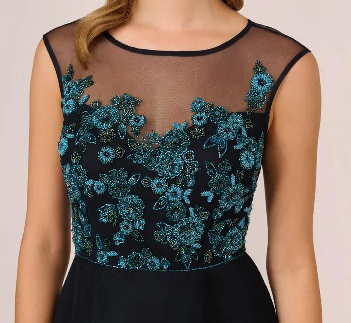 Midi Dresses Womens Adrianna Papell Beaded Midi Dress With Tulle Skirt In Midnight Multi