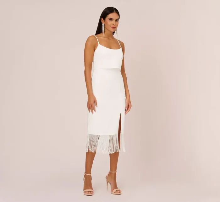 Midi Dresses Womens Adrianna Papell Crepe Popover Midi Dress With Fringe Trim In Ivory