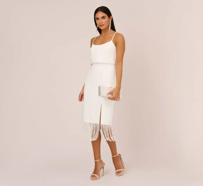 Midi Dresses Womens Adrianna Papell Crepe Popover Midi Dress With Fringe Trim In Ivory