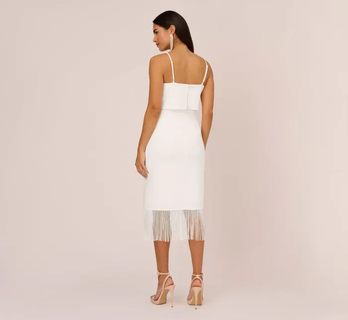 Midi Dresses Womens Adrianna Papell Crepe Popover Midi Dress With Fringe Trim In Ivory