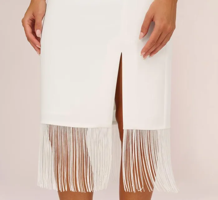 Midi Dresses Womens Adrianna Papell Crepe Popover Midi Dress With Fringe Trim In Ivory