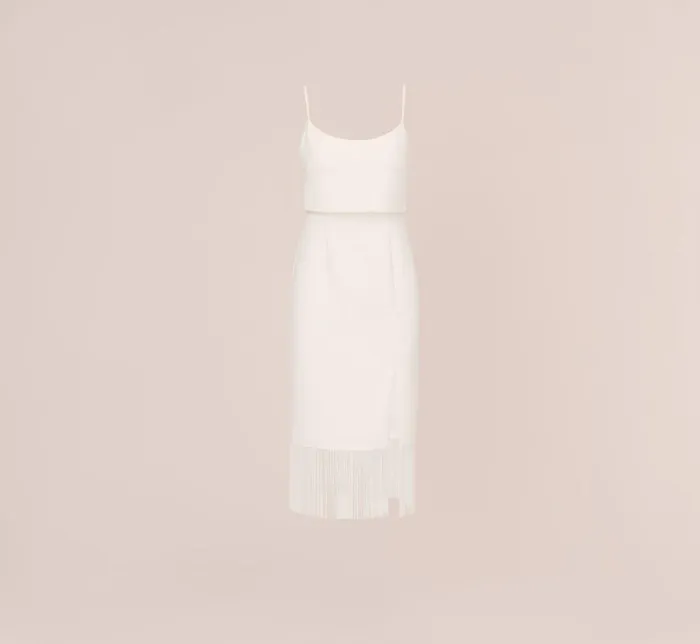 Midi Dresses Womens Adrianna Papell Crepe Popover Midi Dress With Fringe Trim In Ivory