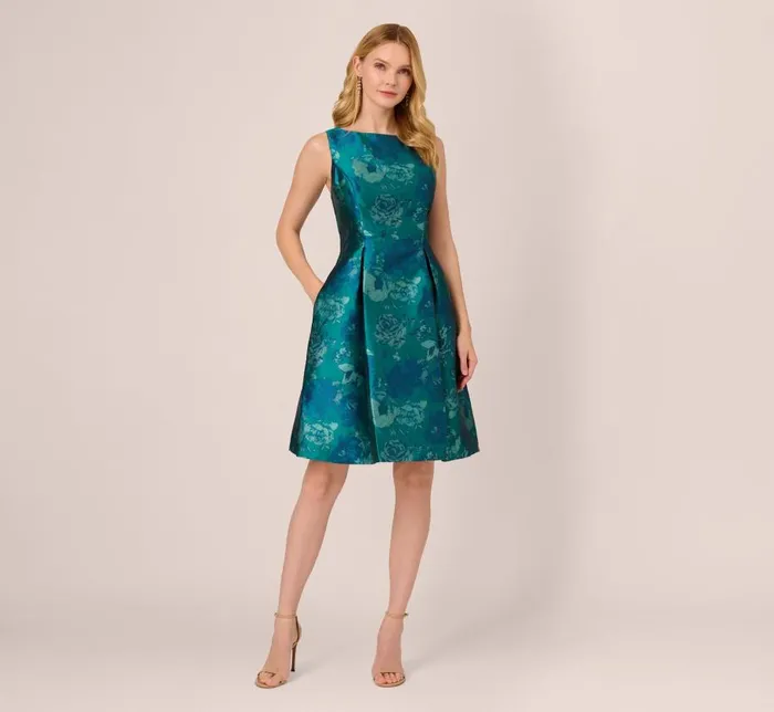 Midi Dresses Womens Adrianna Papell Floral Jacquard Sleeveless Midi Dress With Cutout Back In Teal Multi