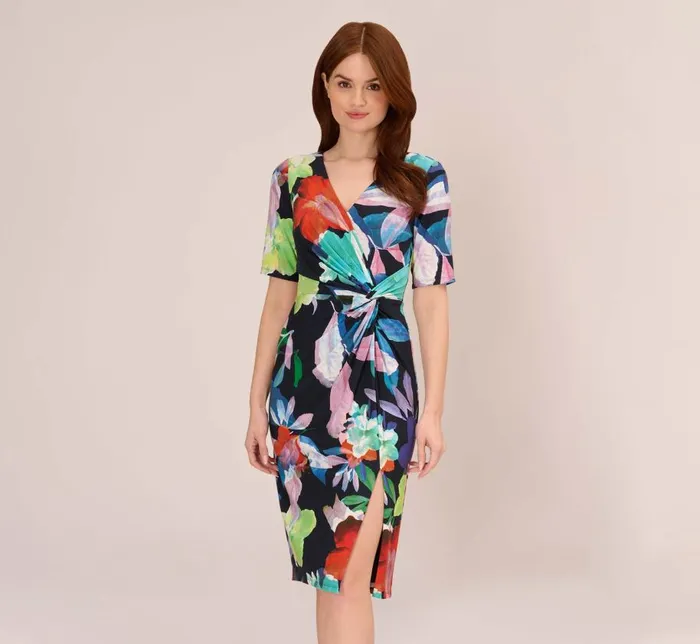 Midi Dresses Womens Adrianna Papell Floral Knotted Sheath Dress With ElbowLength Sleeves In Dark Navy Multi Midi Dresses Womens Adrianna Papell Floral Knotted Sheath Dress With ElbowLength Sleeves In Dark Navy Multi