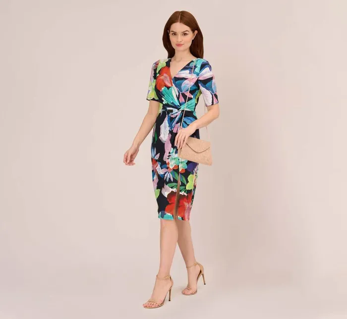 Midi Dresses Womens Adrianna Papell Floral Knotted Sheath Dress With ElbowLength Sleeves In Dark Navy Multi