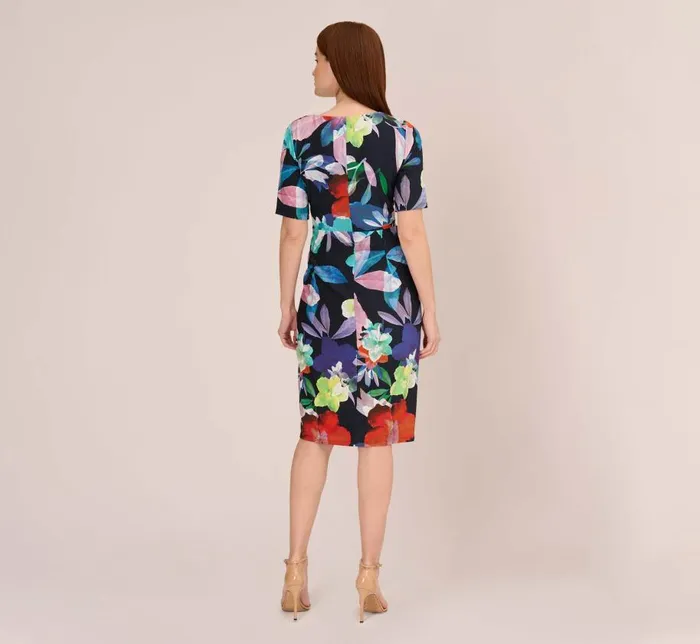 Midi Dresses Womens Adrianna Papell Floral Knotted Sheath Dress With ElbowLength Sleeves In Dark Navy Multi