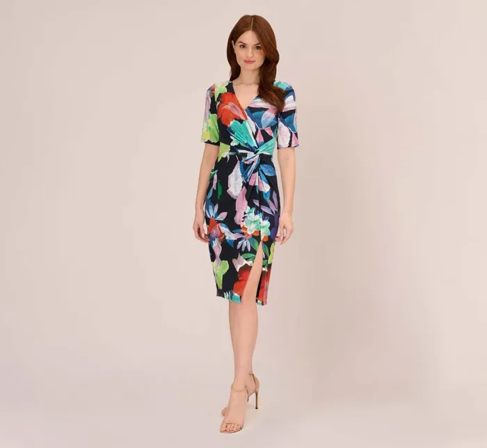 Midi Dresses Womens Adrianna Papell Floral Knotted Sheath Dress With ElbowLength Sleeves In Dark Navy Multi