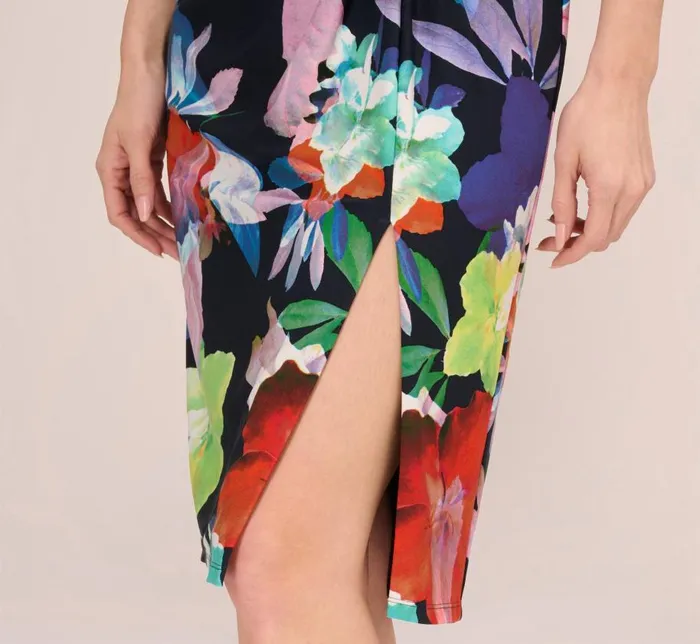 Midi Dresses Womens Adrianna Papell Floral Knotted Sheath Dress With ElbowLength Sleeves In Dark Navy Multi