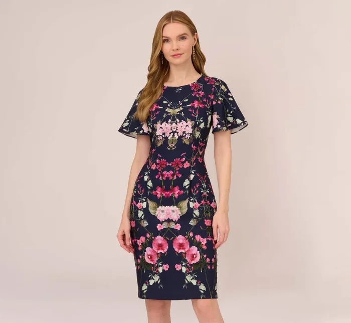 Midi Dresses Womens Adrianna Papell FloralPrint Crepe MidiLength Sheath Dress In Navy Multi Midi Dresses Womens Adrianna Papell FloralPrint Crepe MidiLength Sheath Dress In Navy Multi