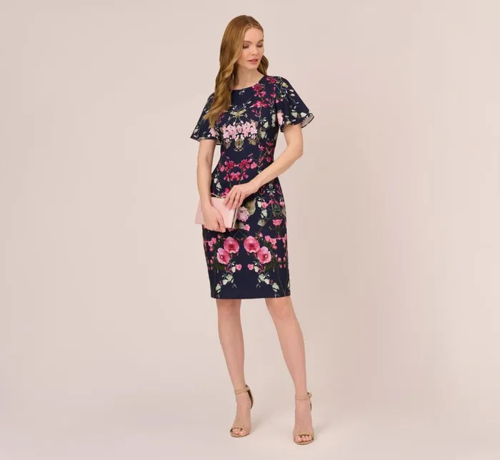 Midi Dresses Womens Adrianna Papell FloralPrint Crepe MidiLength Sheath Dress In Navy Multi