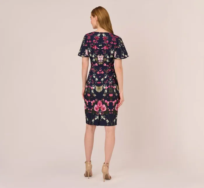Midi Dresses Womens Adrianna Papell FloralPrint Crepe MidiLength Sheath Dress In Navy Multi
