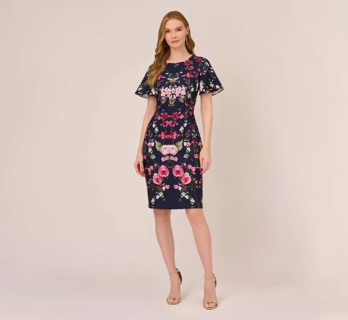 Midi Dresses Womens Adrianna Papell FloralPrint Crepe MidiLength Sheath Dress In Navy Multi