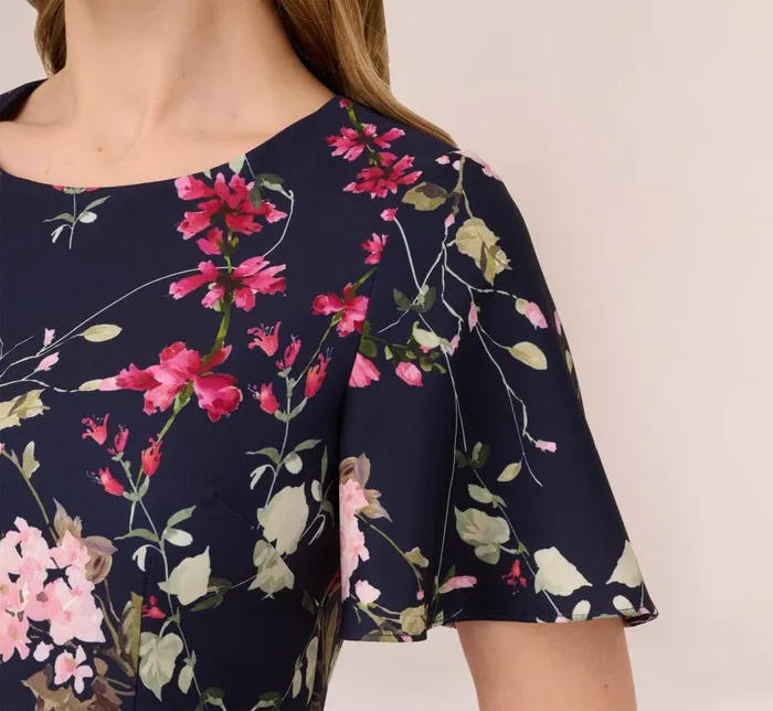 Midi Dresses Womens Adrianna Papell FloralPrint Crepe MidiLength Sheath Dress In Navy Multi