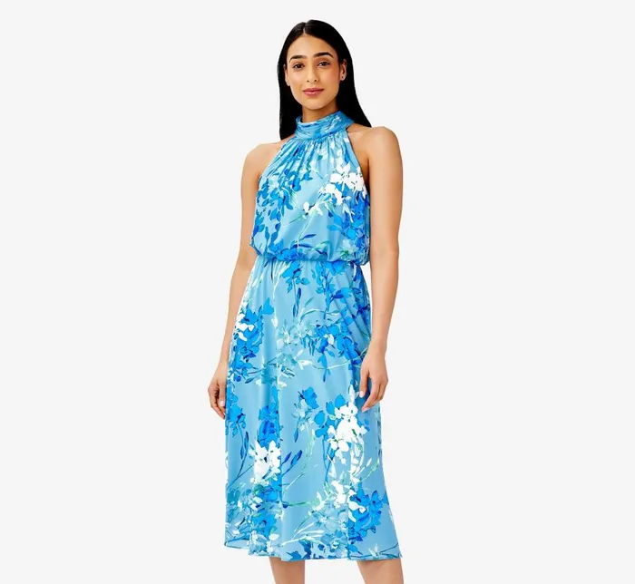 Midi Dresses Womens Adrianna Papell FloralPrint Mock Neck MidiLength Chiffon Blouson Halter Dress In Peri Multi Midi Dresses Womens Adrianna Papell FloralPrint Mock Neck MidiLength Chiffon Blouson Halter Dress In Peri Multi