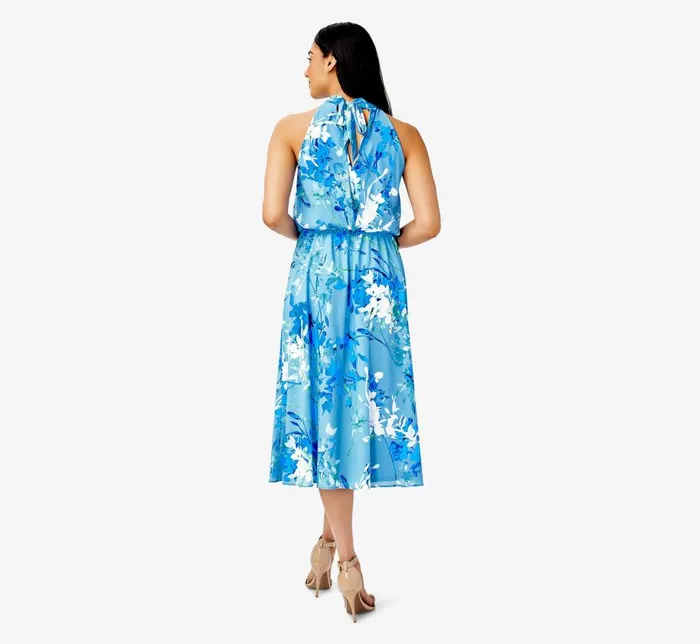 Midi Dresses Womens Adrianna Papell FloralPrint Mock Neck MidiLength Chiffon Blouson Halter Dress In Peri Multi