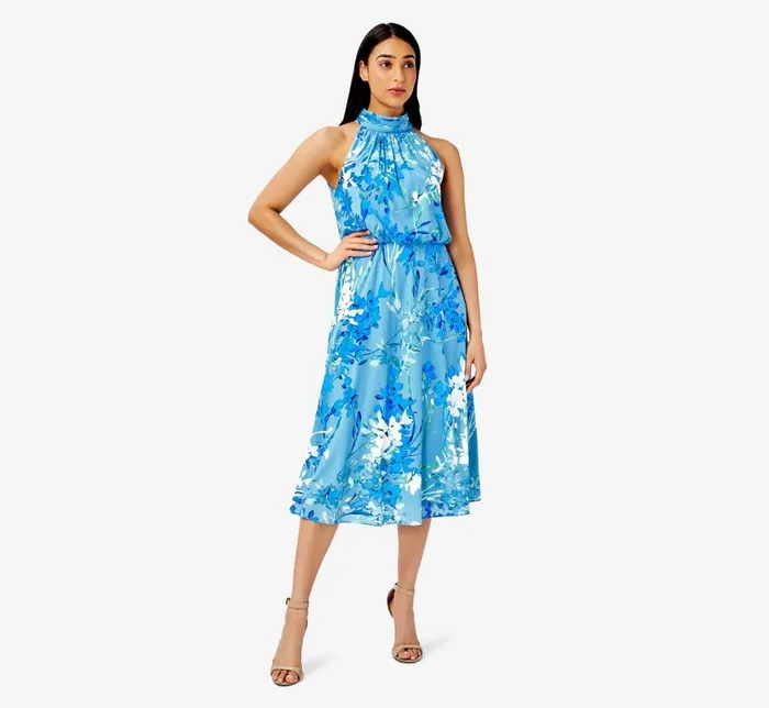 Midi Dresses Womens Adrianna Papell FloralPrint Mock Neck MidiLength Chiffon Blouson Halter Dress In Peri Multi