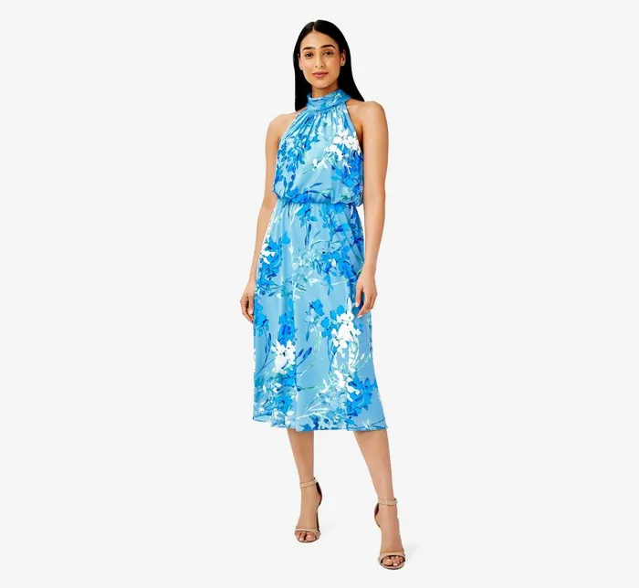 Midi Dresses Womens Adrianna Papell FloralPrint Mock Neck MidiLength Chiffon Blouson Halter Dress In Peri Multi