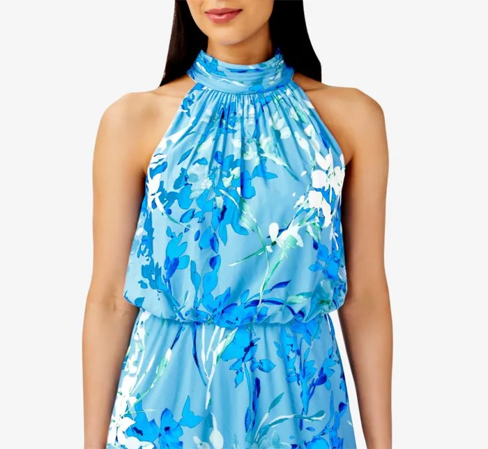 Midi Dresses Womens Adrianna Papell FloralPrint Mock Neck MidiLength Chiffon Blouson Halter Dress In Peri Multi