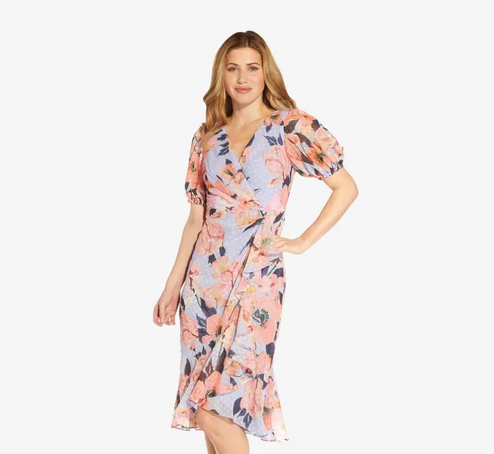 Midi Dresses Womens Adrianna Papell FloralPrinted Clip Dot Chiffon MidiLength Cocktail Dress In Opal Coral Multi Midi Dresses Womens Adrianna Papell FloralPrinted Clip Dot Chiffon MidiLength Cocktail Dress In Opal Coral Multi