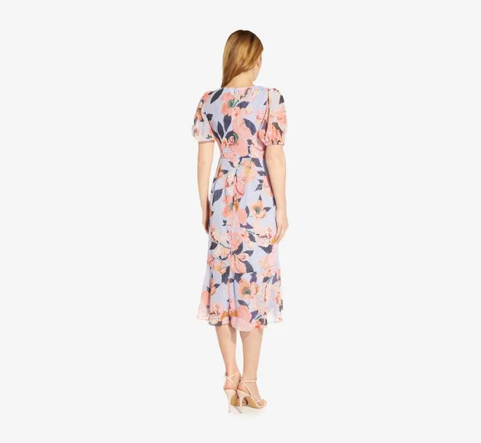 Midi Dresses Womens Adrianna Papell FloralPrinted Clip Dot Chiffon MidiLength Cocktail Dress In Opal Coral Multi
