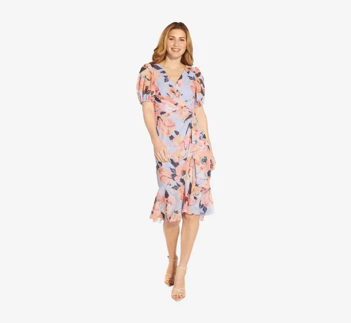Midi Dresses Womens Adrianna Papell FloralPrinted Clip Dot Chiffon MidiLength Cocktail Dress In Opal Coral Multi