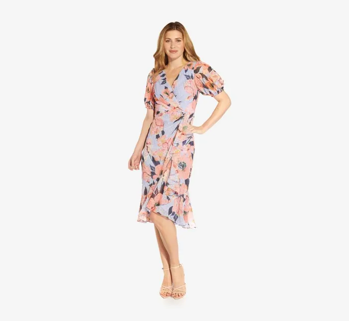 Midi Dresses Womens Adrianna Papell FloralPrinted Clip Dot Chiffon MidiLength Cocktail Dress In Opal Coral Multi