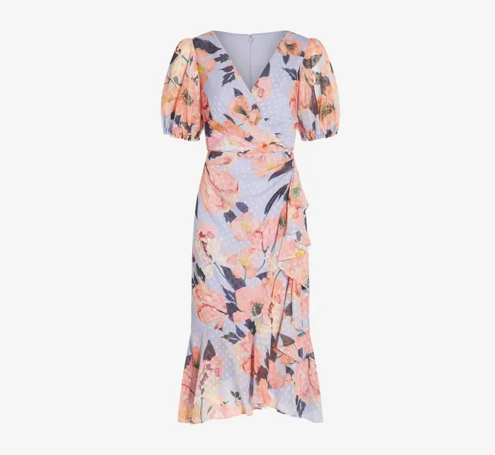 Midi Dresses Womens Adrianna Papell FloralPrinted Clip Dot Chiffon MidiLength Cocktail Dress In Opal Coral Multi