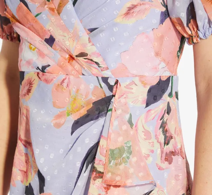 Midi Dresses Womens Adrianna Papell FloralPrinted Clip Dot Chiffon MidiLength Cocktail Dress In Opal Coral Multi