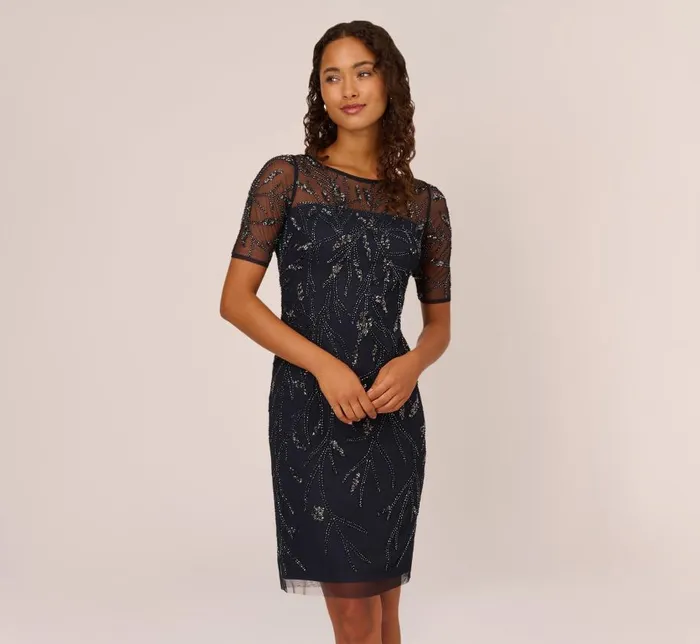 Midi Dresses Womens Adrianna Papell HandBeaded Cocktail Dress In Midnight