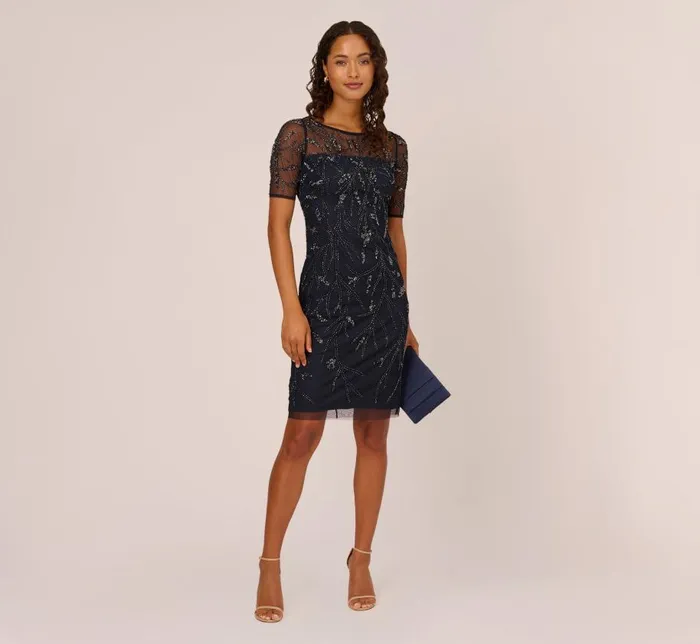Midi Dresses Womens Adrianna Papell HandBeaded Cocktail Dress In Midnight