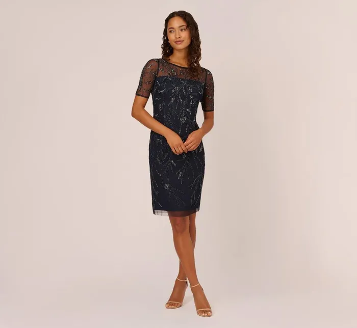 Midi Dresses Womens Adrianna Papell HandBeaded Cocktail Dress In Midnight