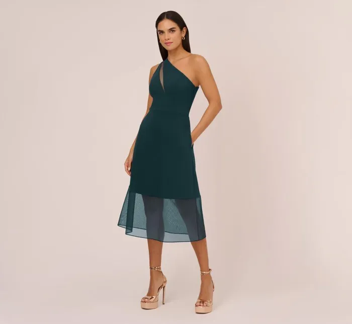 Midi Dresses Womens Adrianna Papell Knit Crepe One Shoulder Dress With Sheer Cutout And Skirt In Forest Midi Dresses Womens Adrianna Papell Knit Crepe One Shoulder Dress With Sheer Cutout And Skirt In Forest