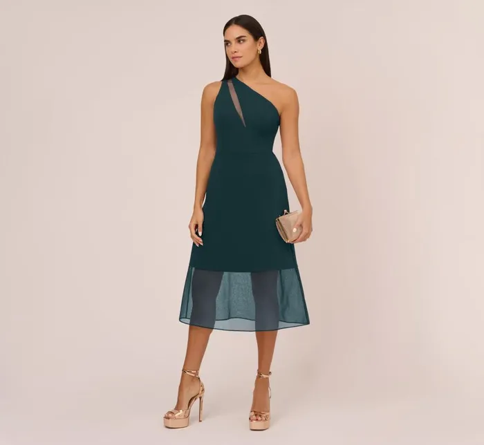 Midi Dresses Womens Adrianna Papell Knit Crepe One Shoulder Dress With Sheer Cutout And Skirt In Forest