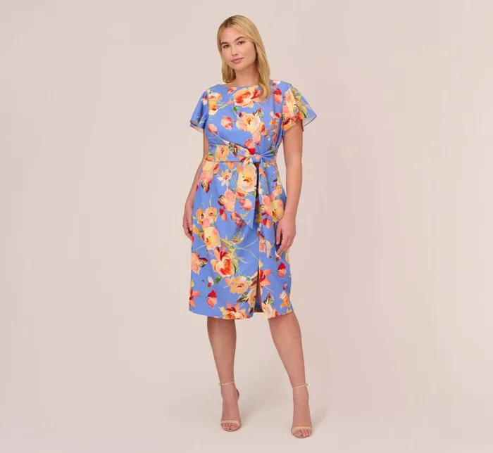 Midi Dresses Womens Adrianna Papell Plus Size Flutter Sleeve Floral Print Dress With Tie Front In Peri Multi Midi Dresses Womens Adrianna Papell Plus Size Flutter Sleeve Floral Print Dress With Tie Front In Peri Multi