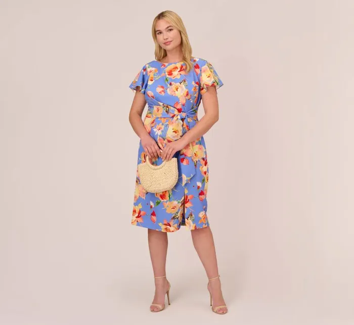 Midi Dresses Womens Adrianna Papell Plus Size Flutter Sleeve Floral Print Dress With Tie Front In Peri Multi