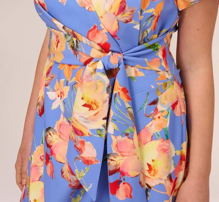 Midi Dresses Womens Adrianna Papell Plus Size Flutter Sleeve Floral Print Dress With Tie Front In Peri Multi