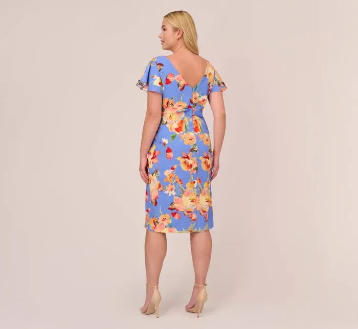 Midi Dresses Womens Adrianna Papell Plus Size Flutter Sleeve Floral Print Dress With Tie Front In Peri Multi